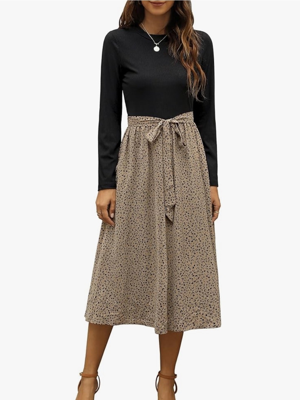 Women's Leopard Printed Midi Dress with Tie Waist